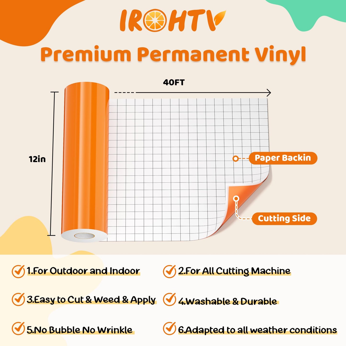 IROHTV Permanent Vinyl Black Vinyl Roll Compatible with Cricut-12'' x 40FT Adhesive Vinyl for Cutting Machine, DIY for Customization, Durable on Smooth Surface