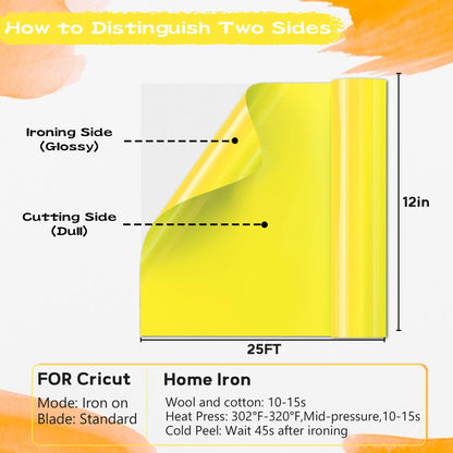 IROHTV Yellow Heat Transfer Vinyl, 12'' x 25ft Yellow HTV, Iron on Vinyl for Shirts Suitable Fabrics, Heat Press Vinyl for Cricut All Cutter Machine, Easy Weeding HTV Vinyl Roll for Heat Vinyl Design