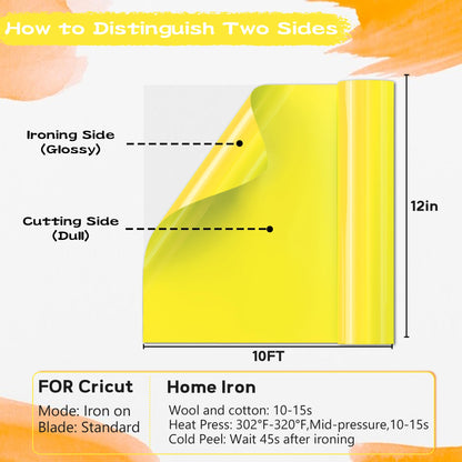 IROHTV Yellow HTV Heat Transfer Vinyl, 12'' x 10ft Iron on Vinyl Compatible with Cricut All Cutter Machine, Heat Vinyl Roll for T Shirts, HTV Heat Press Vinyl-Easy to Cut &Weed