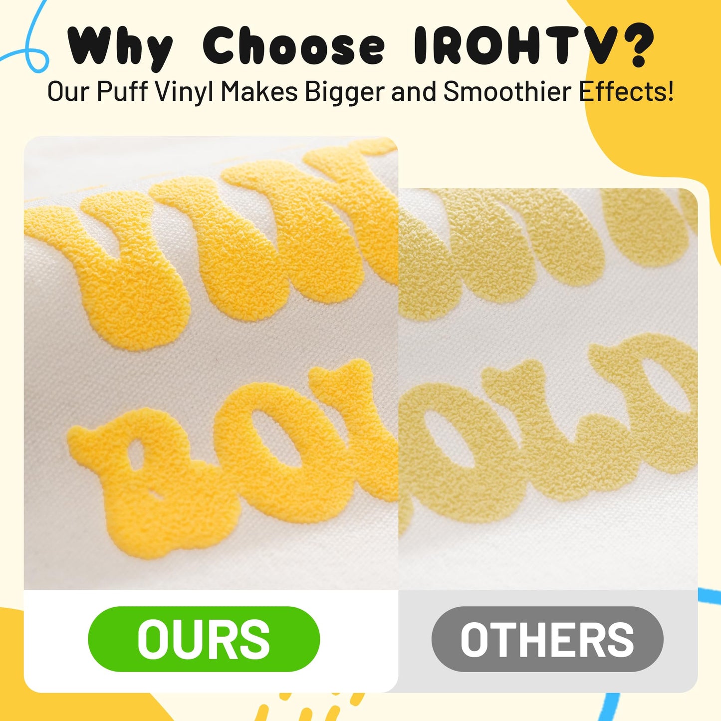 IROHTV Yellow 3D Puff Vinyl Heat Transfer Roll, 10''x 6ft Yellow Puff HTV Vinyl for Shirts, 3D Puff easy weeding Heat Transfer Vinyl for Cricut, Iron on Vinyl Puffy HTV for Textile Fabric