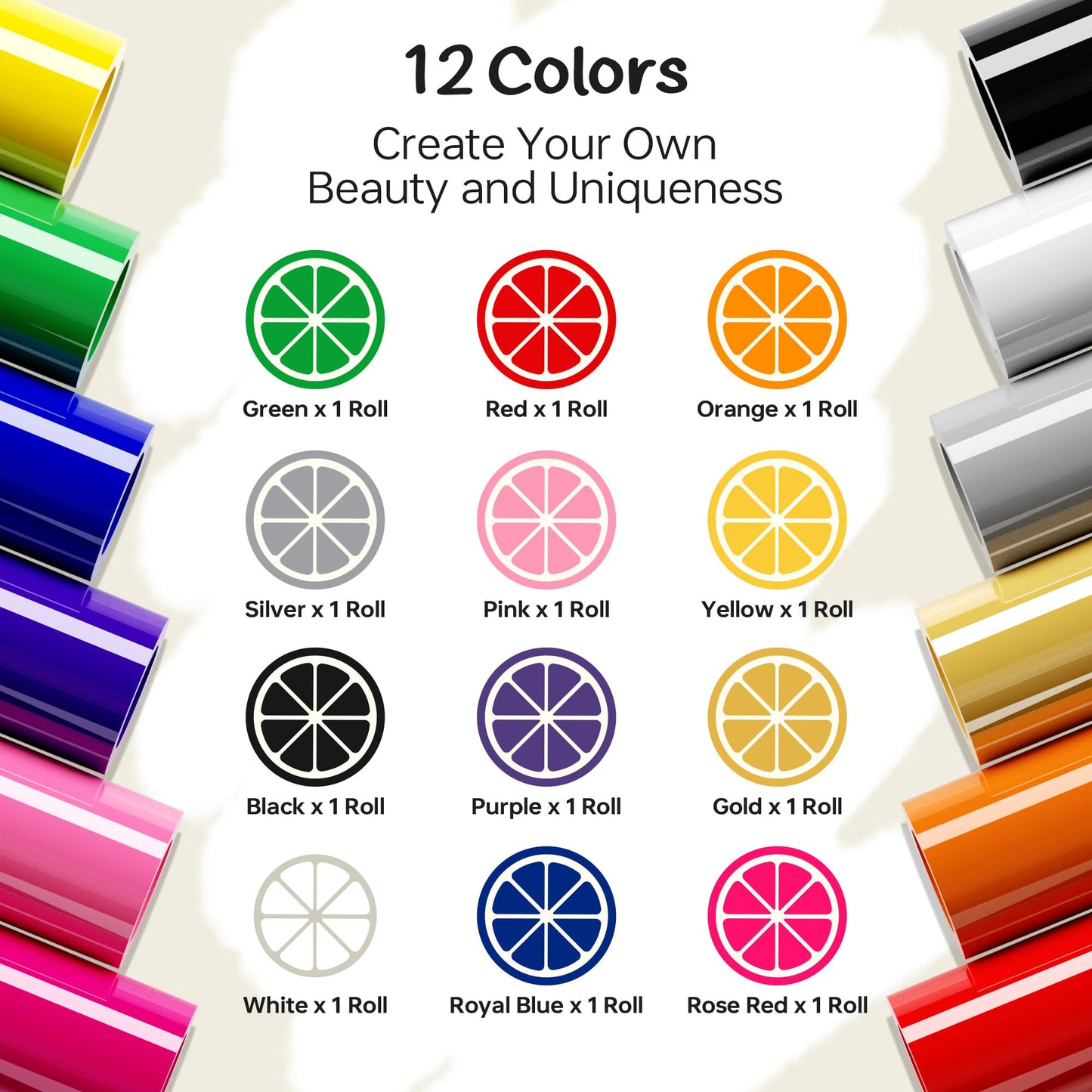 IROHTV HTV Heat Transfer Vinyl Rolls (12 Pack) - 12'' x 5FT Equal to 12'' x 60FT Big Roll Heat Press Vinyl for Cricut Iron on Vinyl, HTV Vinyl with 12 Assorted Colors for DIY T Shirt